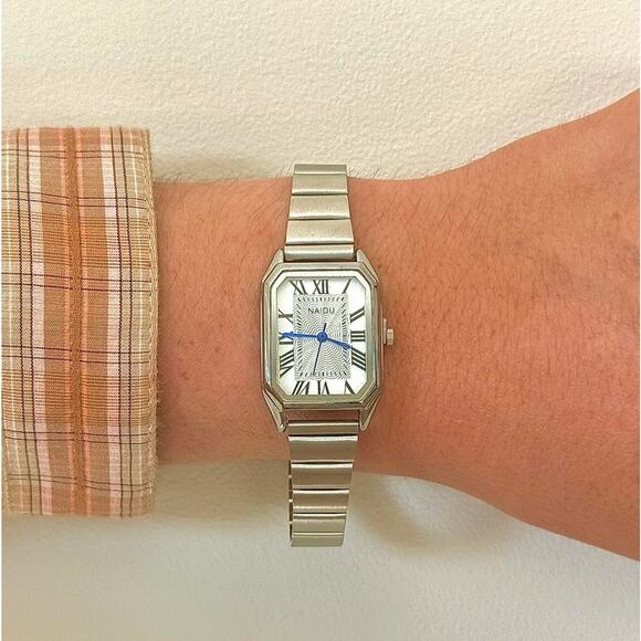Y2K Silver Rectangle Quartz Watch with Roman Numerals Unisex 8.5" New - Picture 1 of 5